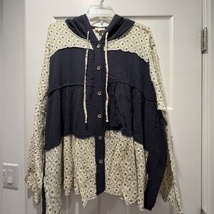 POL Blue and Cream Button-Up Hoodie